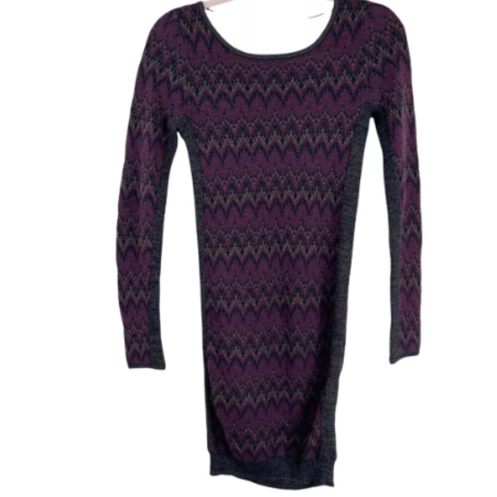 FREE PEOPLE Dress, Purple Knit Metallic Zigzag Long Sleeve Mini Dress